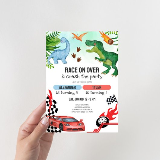 Joint Dinosaur & Race Cars Sibling Birthday Einladung