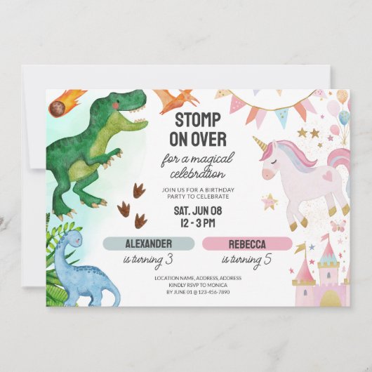 Joint Dinosaur & Unicorn Boy Girl Birthday Einladung (Vorderseite)