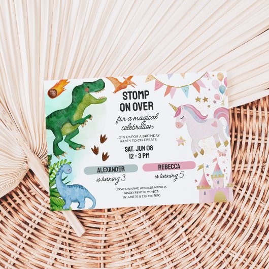 Joint Dinosaur & Unicorn Boy Girl Birthday Einladung