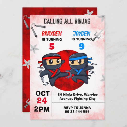 Joint Ninja Birthday Martial Arts Party Einladung (Vorne/Hinten)
