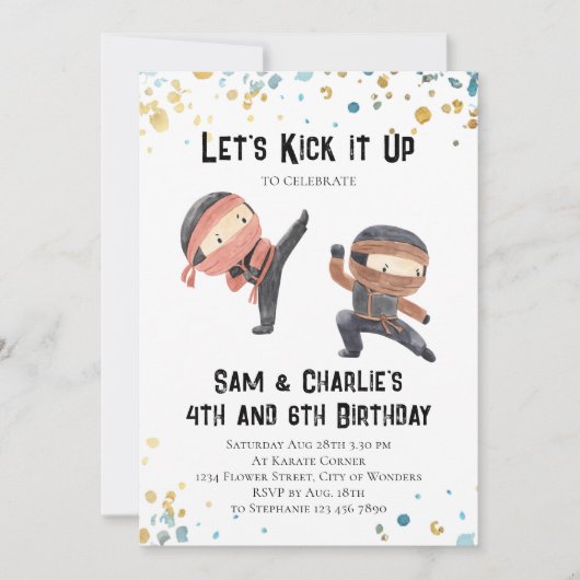 Joint Ninja Siblons Dual Birthday Party Einladung (Vorderseite)