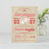 Joint Twin Baseball Birthday Invitation Girl Einladung (Stehend Vorderseite)