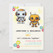 Joint Twin Boys Birthday Niedlich Roboter Futurist Einladung (Vorderseite)