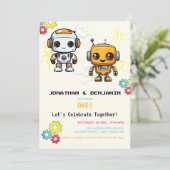 Joint Twin Boys Birthday Niedlich Roboter Futurist Einladung (Stehend Vorderseite)