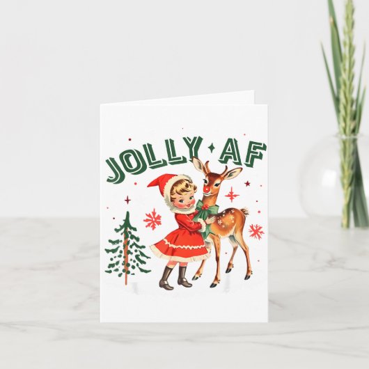 Jolly Af Christmas Retro 50s Cute Girl And Deer Vi Karte (Vorderseite)
