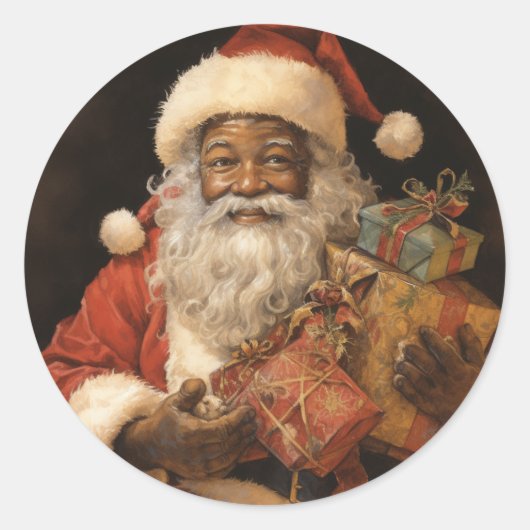 Jolly Black Santa: Feierliche Weihnachtsgrüße Runder Aufkleber (Vorderseite)