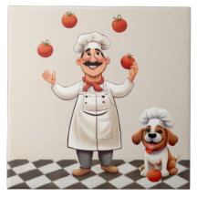 Jolly Chef: French Cook Juggling Tomatoes with dog