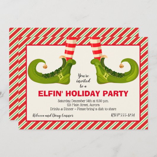 Jolly Christmas Elf Legs Stripes Holiday Invites (Vorne/Hinten)