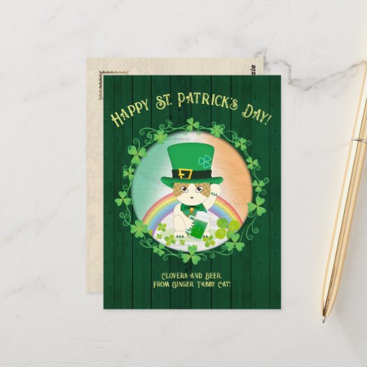 Jolly Ginger Tabby Irish Cheer Postkarte (Vorderseite/Rückseite Beispiel)
