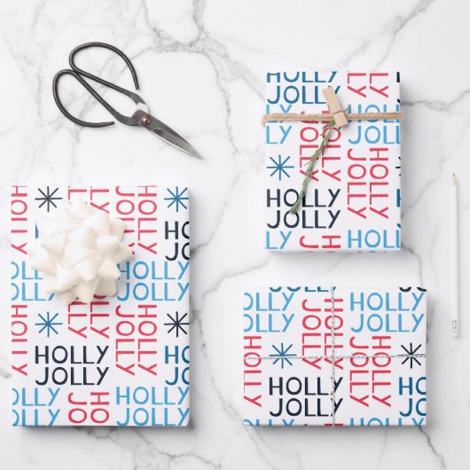 Jolly Holly Typografie Red Blue Geschenkpapier Set (Vorderseite)