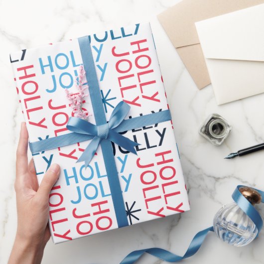 Jolly Holly Typografie Red Blue White Christmas Geschenkpapier (Schenken)