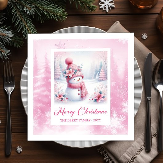 Jolly Pink Snowman Christmas Scene Napkins Kids   Serviette