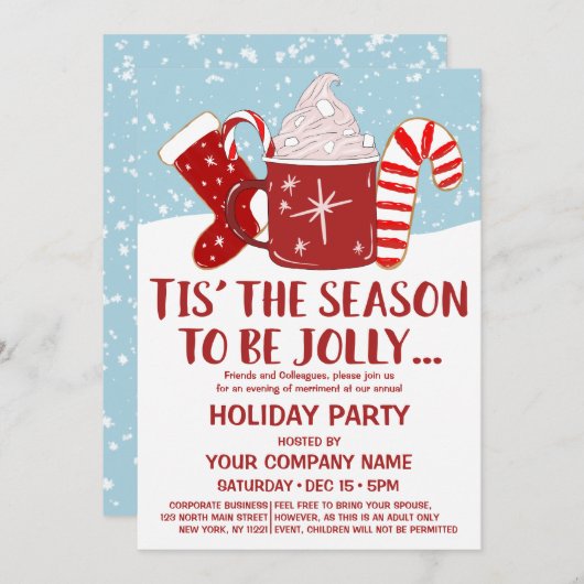 Jolly Red Blue Cocoa Candy Cane Corporate Holiday Einladung (Vorne/Hinten)