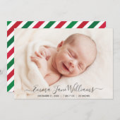 Jolly Red Green Striping Birth Announcement Foto Ankündigung (Vorne/Hinten)