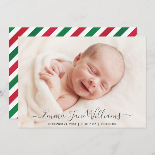 Jolly Red Green Striping Birth Announcement Foto Ankündigung (Vorne/Hinten)
