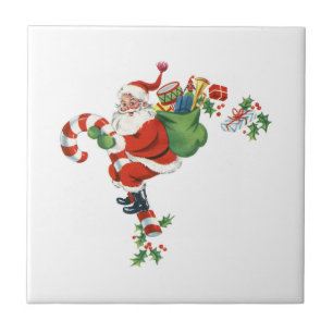 Jolly Retro Santa Riding Candy Cane Fliese