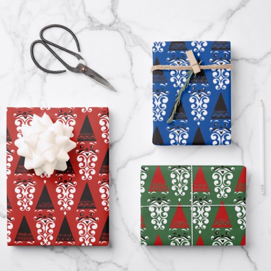 Jolly Retro Santas Wrapping Paper Geschenkpapier Set (Vorderseite)