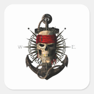 Jolly Roger Pirate Skull Sailing Compass Anchor Quadratischer Aufkleber