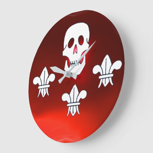 JOLLY ROGER SKULL AND THREE LILIES FLAG, Red Ruby Große Wanduhr (Winkel)