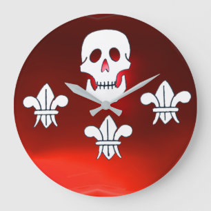JOLLY ROGER SKULL AND THREE LILIES FLAG, Red Ruby Große Wanduhr