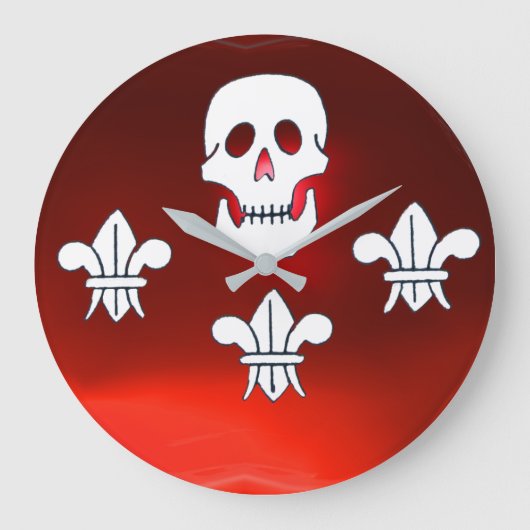 JOLLY ROGER SKULL AND THREE LILIES FLAG, Red Ruby Große Wanduhr (Vorderseite)