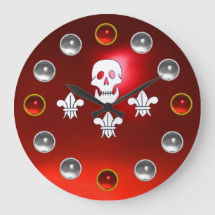 JOLLY ROGER SKULL THREE LILIES FLAG Red White Gems Große Wanduhr