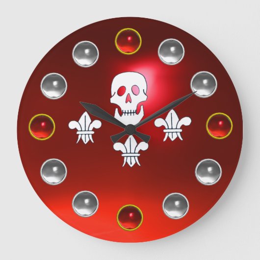 JOLLY ROGER SKULL THREE LILIES FLAG Red White Gems Große Wanduhr (Vorderseite)