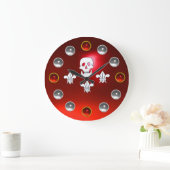 JOLLY ROGER SKULL THREE LILIES FLAG Red White Gems Große Wanduhr (Zuhause)