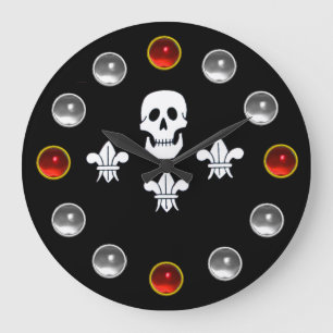 JOLLY ROGER SKULL THREE LILIES FLAG Red White Gems Große Wanduhr