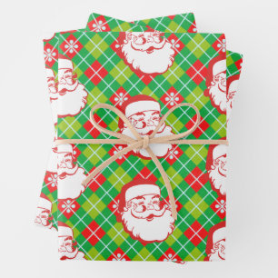 Jolly Santa Claus auf Kariert Geschenkpapier Set