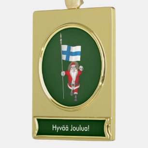Jolly Santa Claus mit der Flagge Finnlands Banner-Ornament Gold
