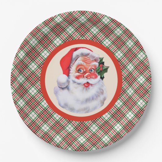 Jolly Santa Claus Weihnachts Kariertes Party Pappteller (Vorderseite)