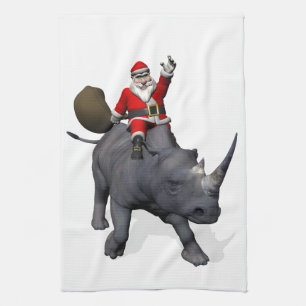 Jolly Santa Riding A Rhino Geschirrtuch