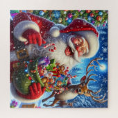Jolly Santa und Rentier mit Weihnachtsspielzeug Puzzle (Horizontal)