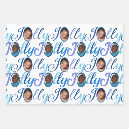 JOLLY Script Blue On White 4 Foto Weihnachten Geschenkpapier Set (Vorderseite)