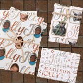 JOLLY Script Brown Tan On White 4 Foto Weihnachten Geschenkpapier Set
