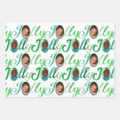 JOLLY Script Green on White 4 Foto Christmas Geschenkpapier Set (Vorderseite)