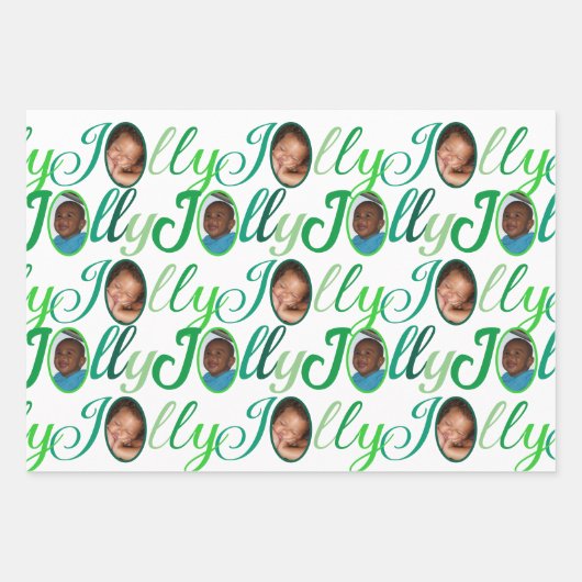 JOLLY Script Green on White 4 Foto Christmas Geschenkpapier Set (Vorderseite)