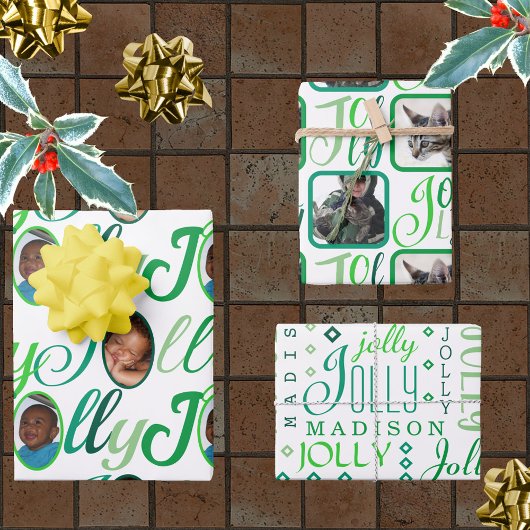 JOLLY Script Green on White 4 Foto Christmas Geschenkpapier Set