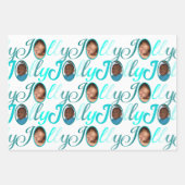 JOLLY Script Turquoise On White 4 Foto Weihnachten Geschenkpapier Set (Vorderseite)
