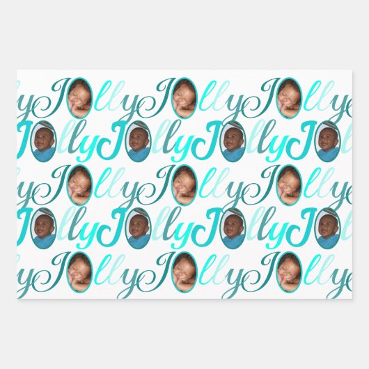 JOLLY Script Turquoise On White 4 Foto Weihnachten Geschenkpapier Set (Vorderseite)