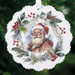 Jolly Smilly Santa Watercolor Weihnachtskranz Ornament Karte<br><div class="desc">Nostalgisches,  Vintag inspiriertes Porträt eines lächelnden St. Nikolaus umgeben von einem festlichen Weihnachtskranz im Aquarellstil mit Evergreens,  Laub und roten Beeren.</div>