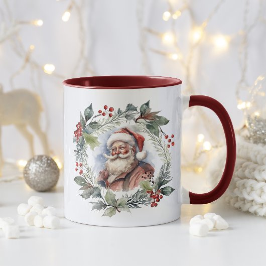 Jolly Smilly Santa Watercolor Weihnachtskranz Tasse