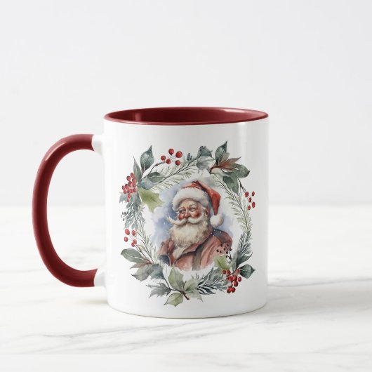 Jolly Smilly Santa Watercolor Weihnachtskranz Tasse (Links)