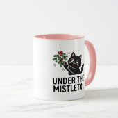 Jolly Snowfall Cute Black Cat Mistletoe Design Tasse (VorderseiteRechts)