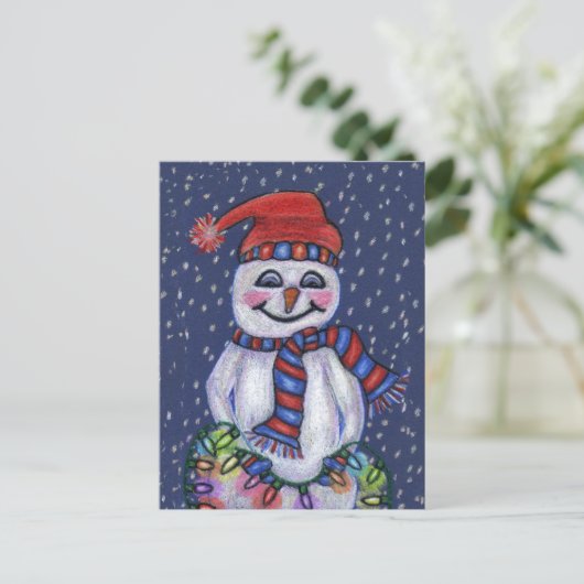 Jolly Snowman Hat Scarf mit Weihnachtslichtschnee Postkarte (Stehend Vorderseite)