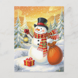 Jolly Snowman Lantern Gifts Snowy Forest Feiertagspostkarte