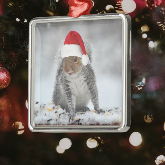 Jolly Squirrel with Santa Hat Square Ornament