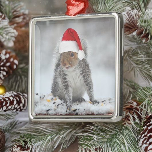Jolly Squirrel with Santa Hat Square Ornament Aus Metall