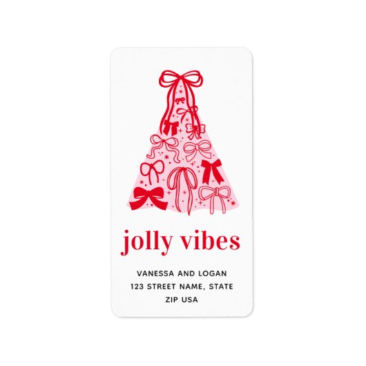 Jolly Vibes Whimsical Bow Pink Red Holiday Adressaufkleber (Vorne)